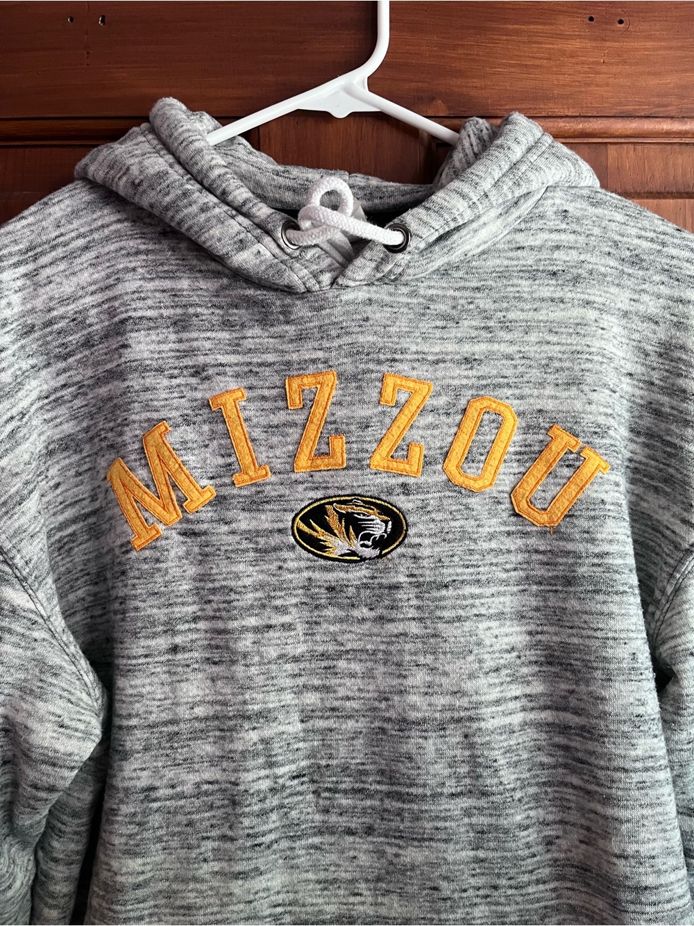 Champion Gray Heather "MIZZOU" Hooded Sweatshirt with Gold Appliqué